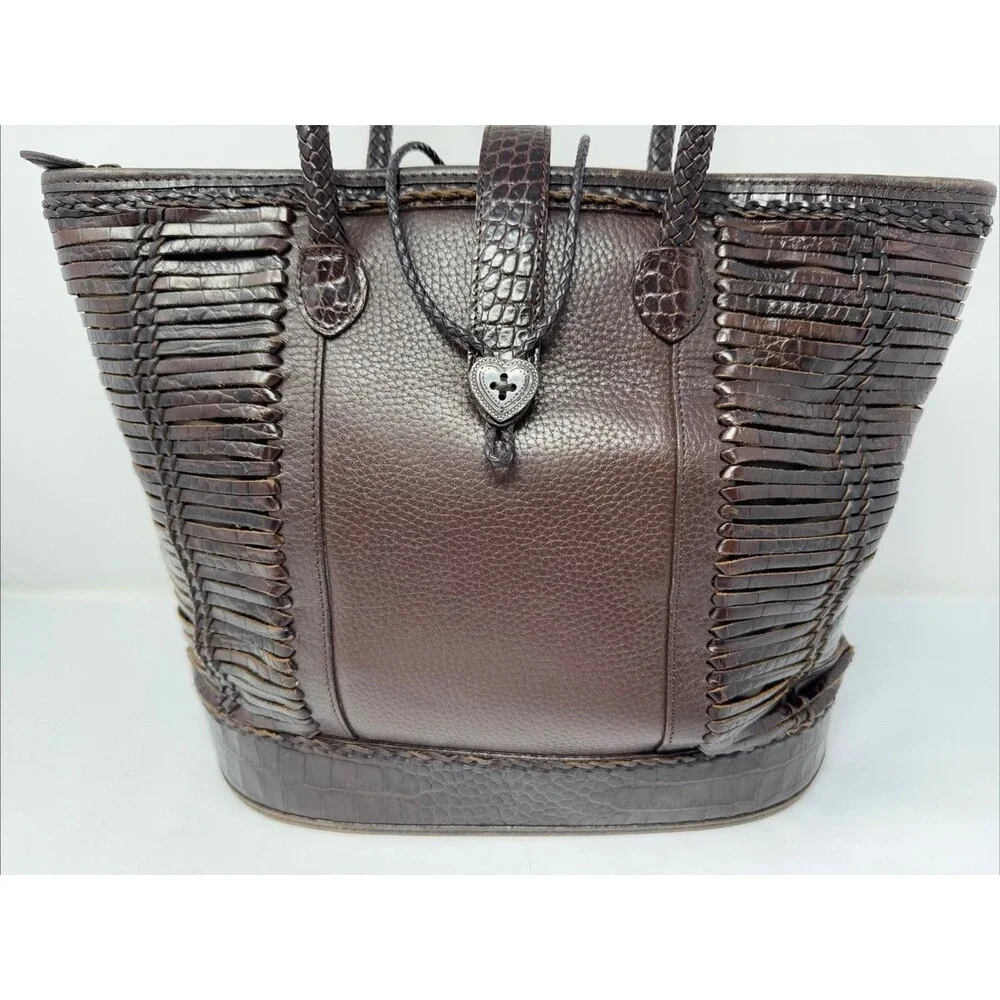 Brighton Brown Pebbled Leather Shoulder Bag w/2 Braided Handles Heart Closure